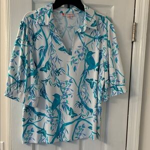 Jude Connally Teal and White Leaf Print Blouse
